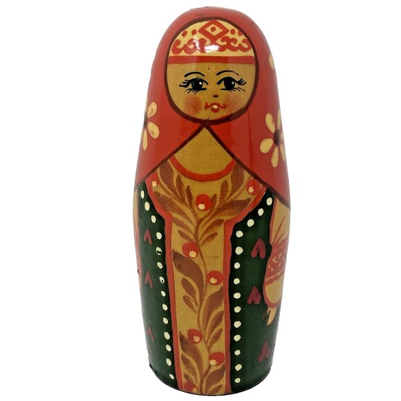 Matryoshka Russian Chime Doll Vintage Hand Painted Roly Poly Folk Art Set of 2 - Picture 3 of 16